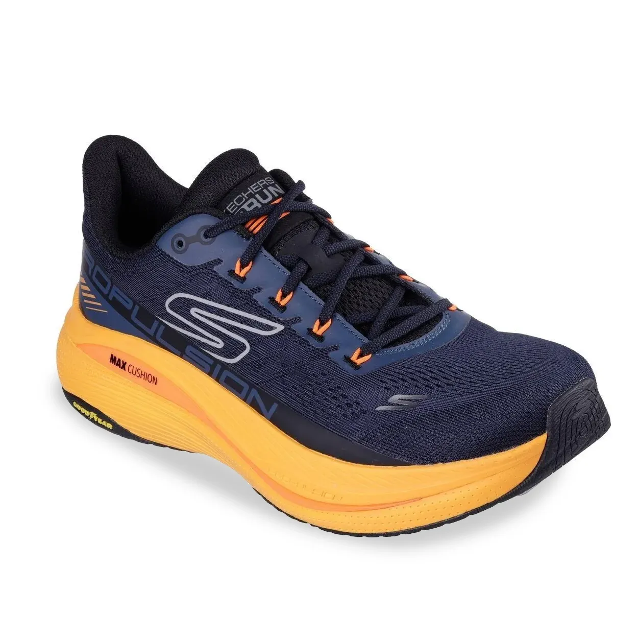 Tênis masculino Skechers Max Cushioning marinho com detalhes laranja, ideal para corrida e treino.